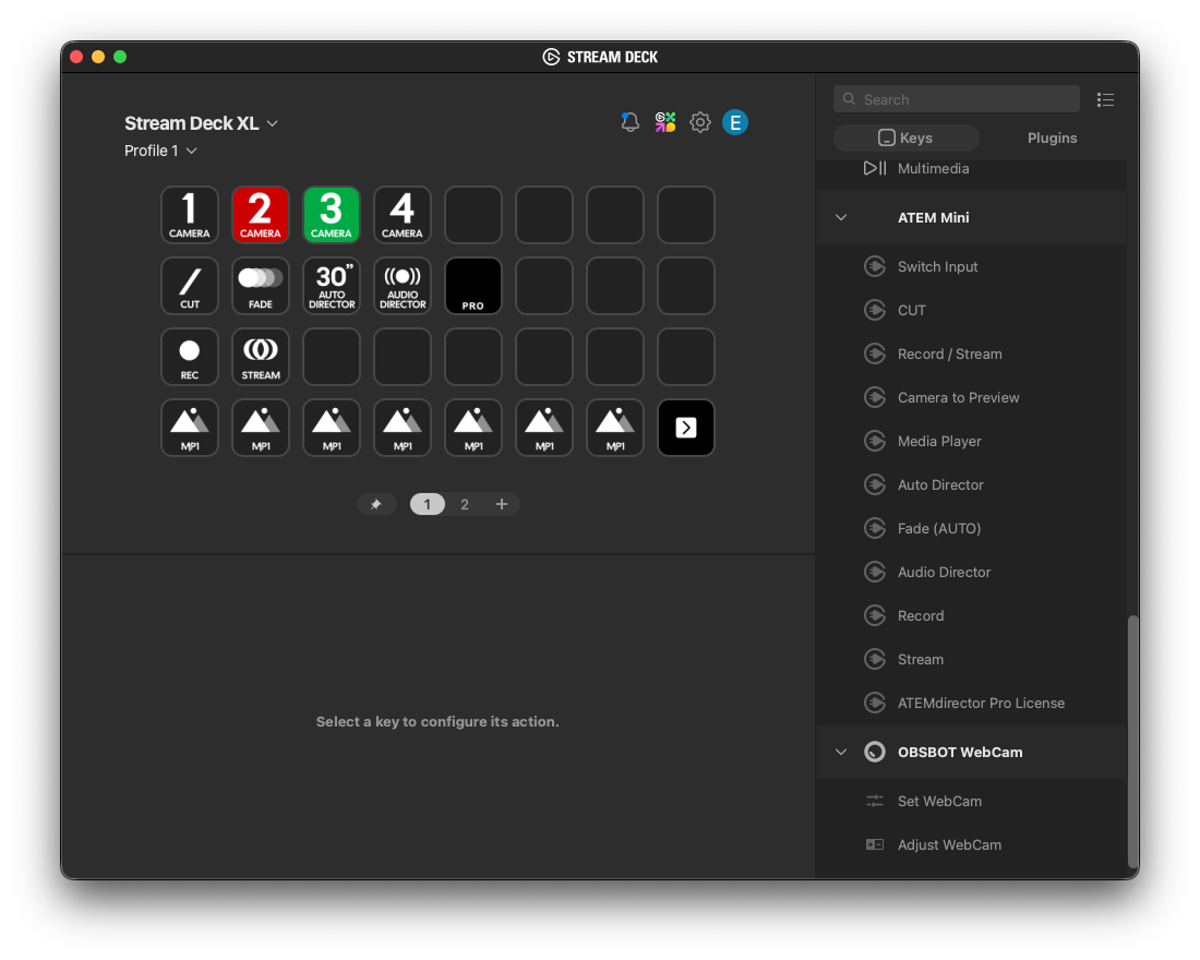 ATEMdirector running on Stream Deck XL — Camera 2 live in red, Camera 3 in preview green